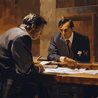 Man in a suit leans over a mirror, appearing thoughtful. Papers scattered on the wooden table. Warm, dimly lit room with brown tones.
