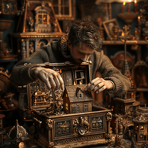 Man in a cozy room intricately arranging a miniature house inside an ornate, gold-adorned box. Warm lighting creates a nostalgic mood.