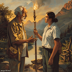 Elderly man hands a fiery torch to a young woman by a serene lake with mountains. Mood is serious and focused. Text reads "passing of the torch".